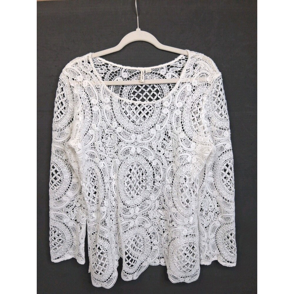 Ultra Pink Lace Long Sleeve Top Size L White Top/Beach Cover-Up Vacation Resort - Picture 2 of 13